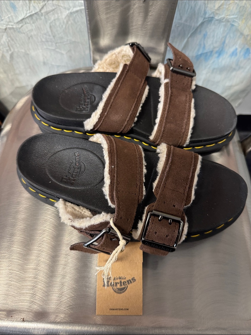 Dr. Martens Brown Suede Shearling Buckle Sandals with Black Footbed - Picture 2 of 8